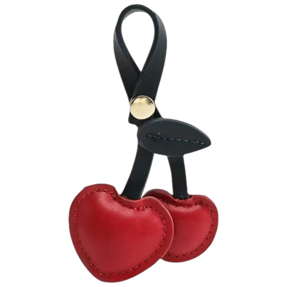 Cherry Bag Charm Faux Leather - Keychain Decor - Red & Dark Green
